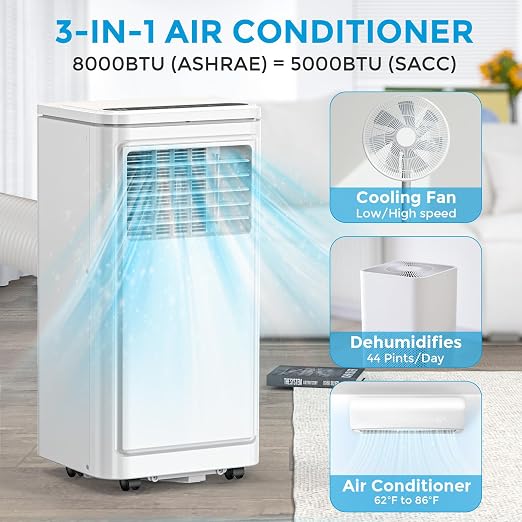 Electactic 8050 BTUs Climatiseur mobile pour pièces jusqu'à 400 mètres carrés, mini climatiseur pour chambre à coucher, avec mode déshumidificateur et ventilateur, télécommande, mode3 Electactic 8050 BTUs Climatiseur mobile pour pièces jusqu'à 400 mètres carrés, mini climatiseur pour chambre à coucher, avec mode déshumidificateur et ventilateur, télécommande, mode