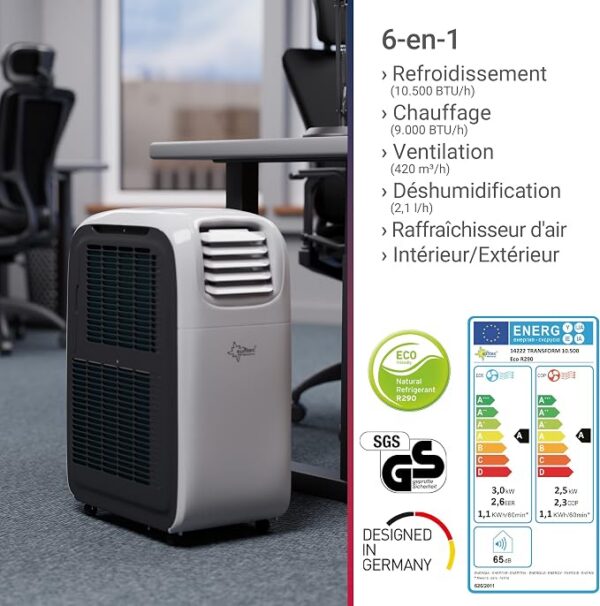 SUNTEC Climatiseur Mobile Reversible TRANSFORM2 SUNTEC Climatiseur Mobile Reversible TRANSFORM 10.500 Eco R290, 6 en 1 : Indoor/Outdoor Refroidissement, Chauffage, ventilateur, Déshumidificateur 10.500 BTU/h